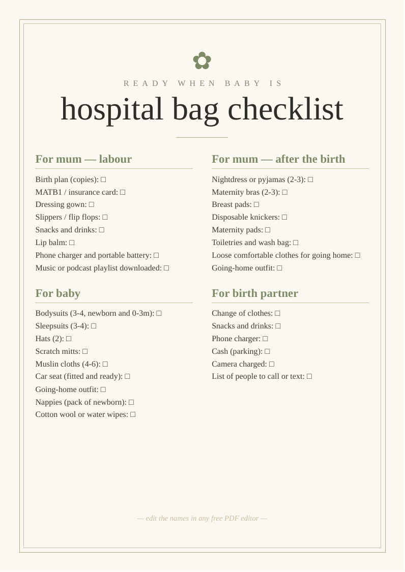 Hospital bag packing checklist