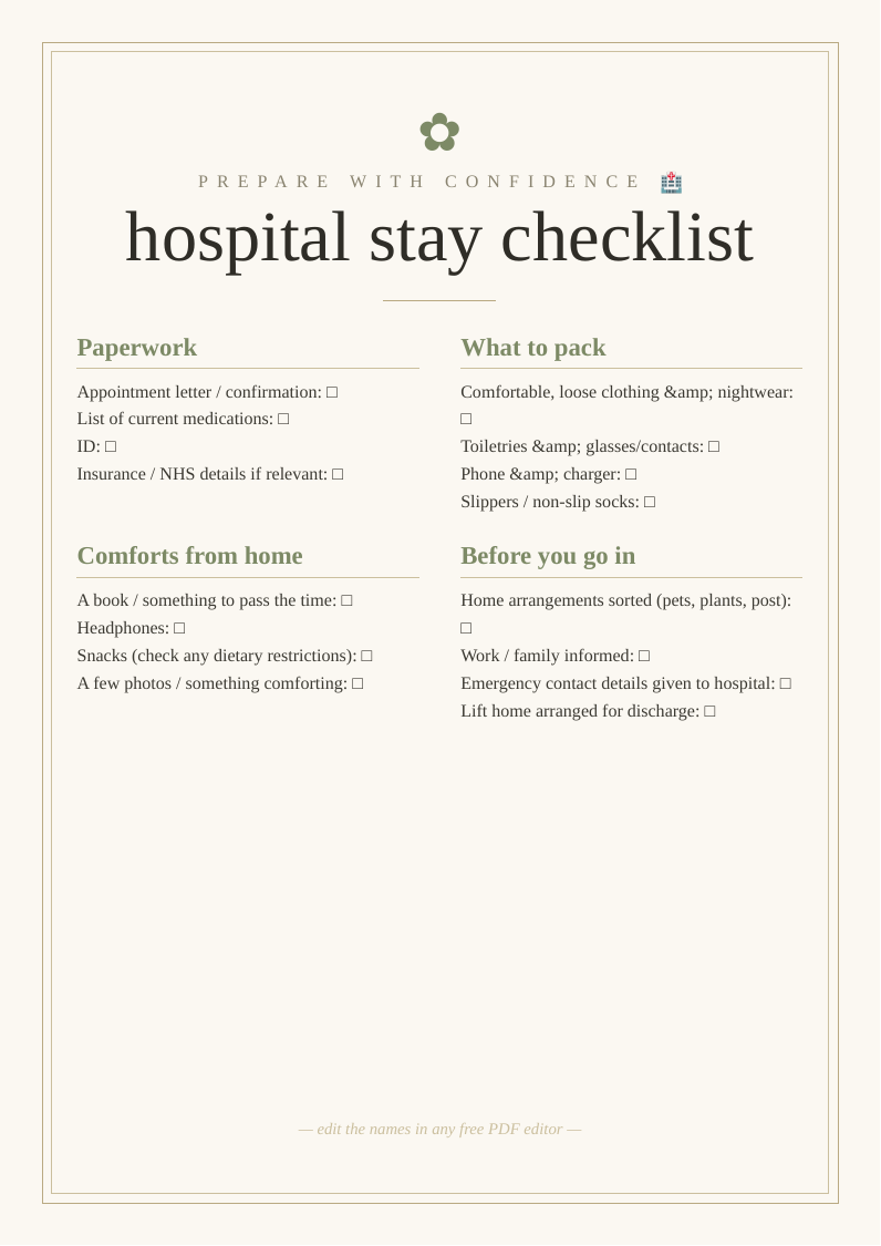 Hospital stay checklist