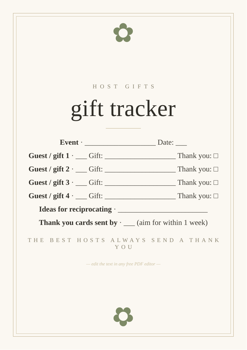 Host gift and thank you tracker