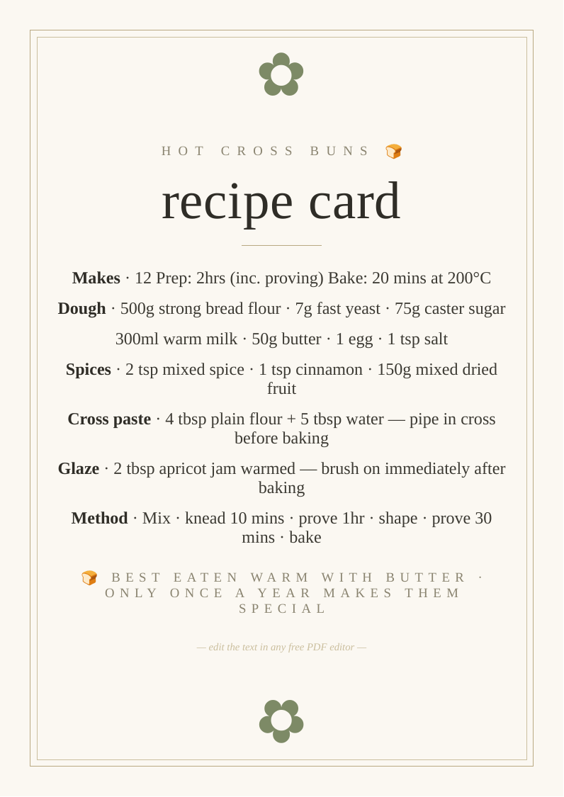 Traditional hot cross bun recipe card