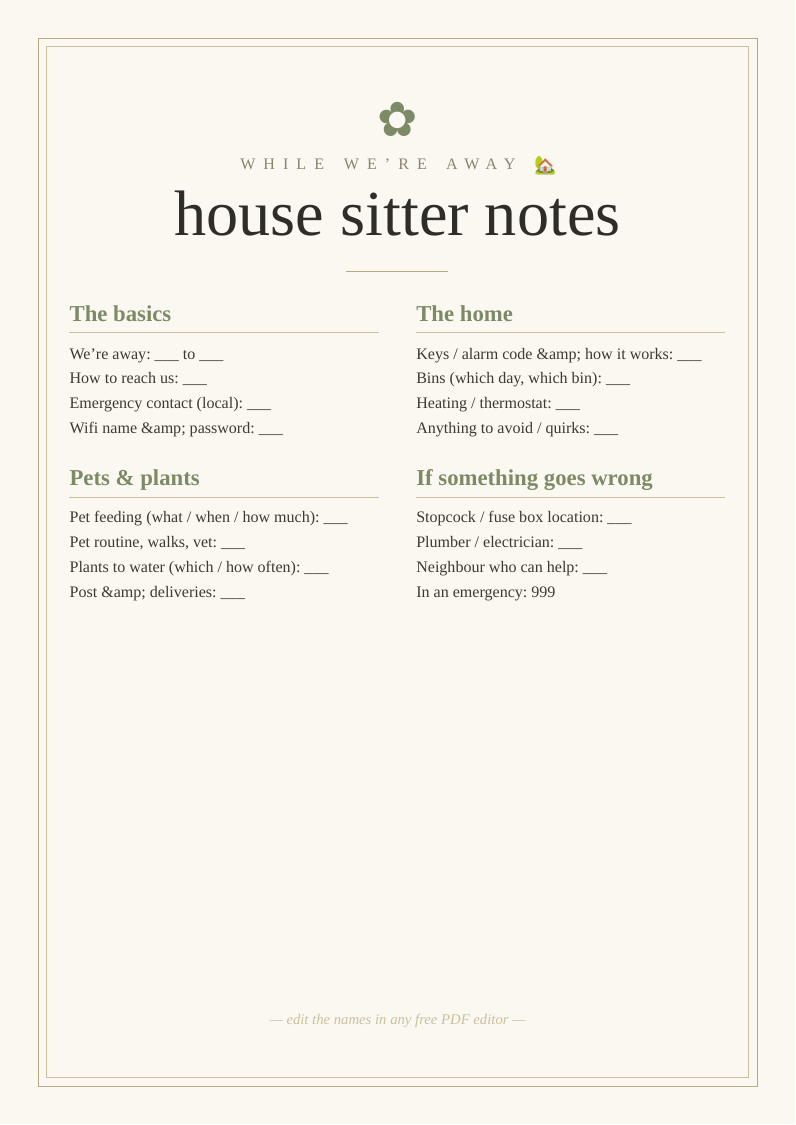 House sitter instructions