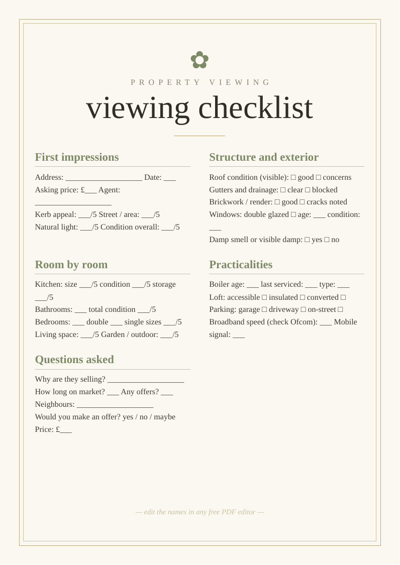 House viewing checklist printable UK