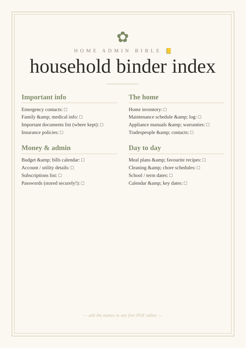 Household binder contents list