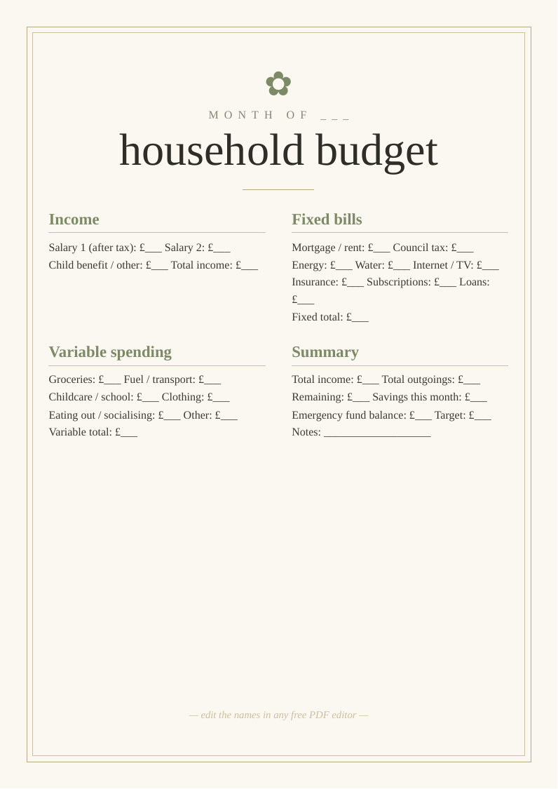 Monthly household budget