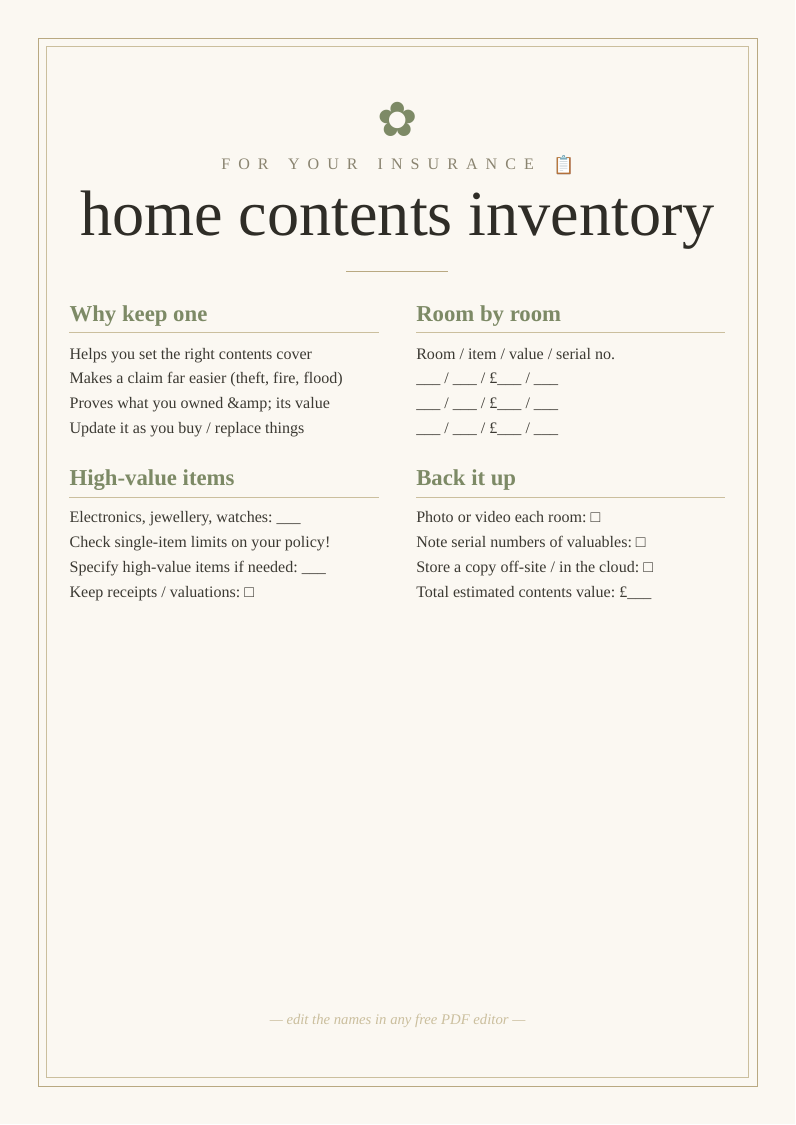 Home contents & valuables inventory