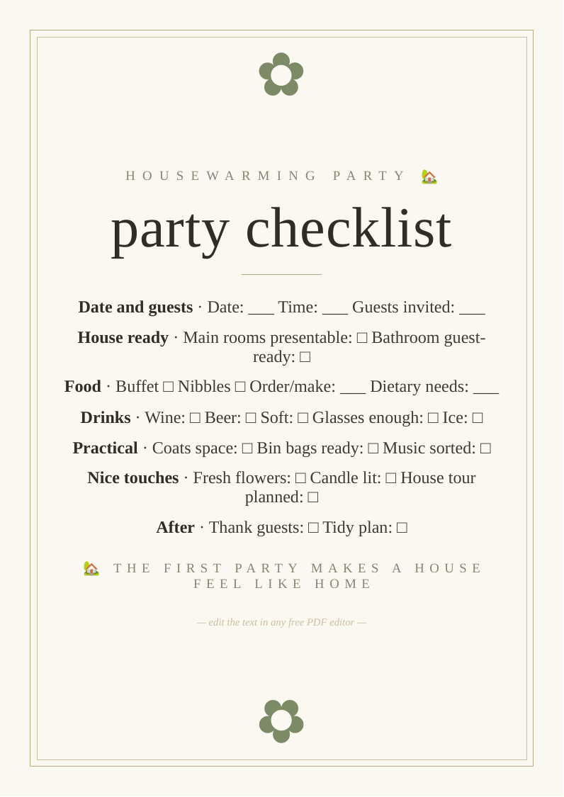 Housewarming party planning checklist