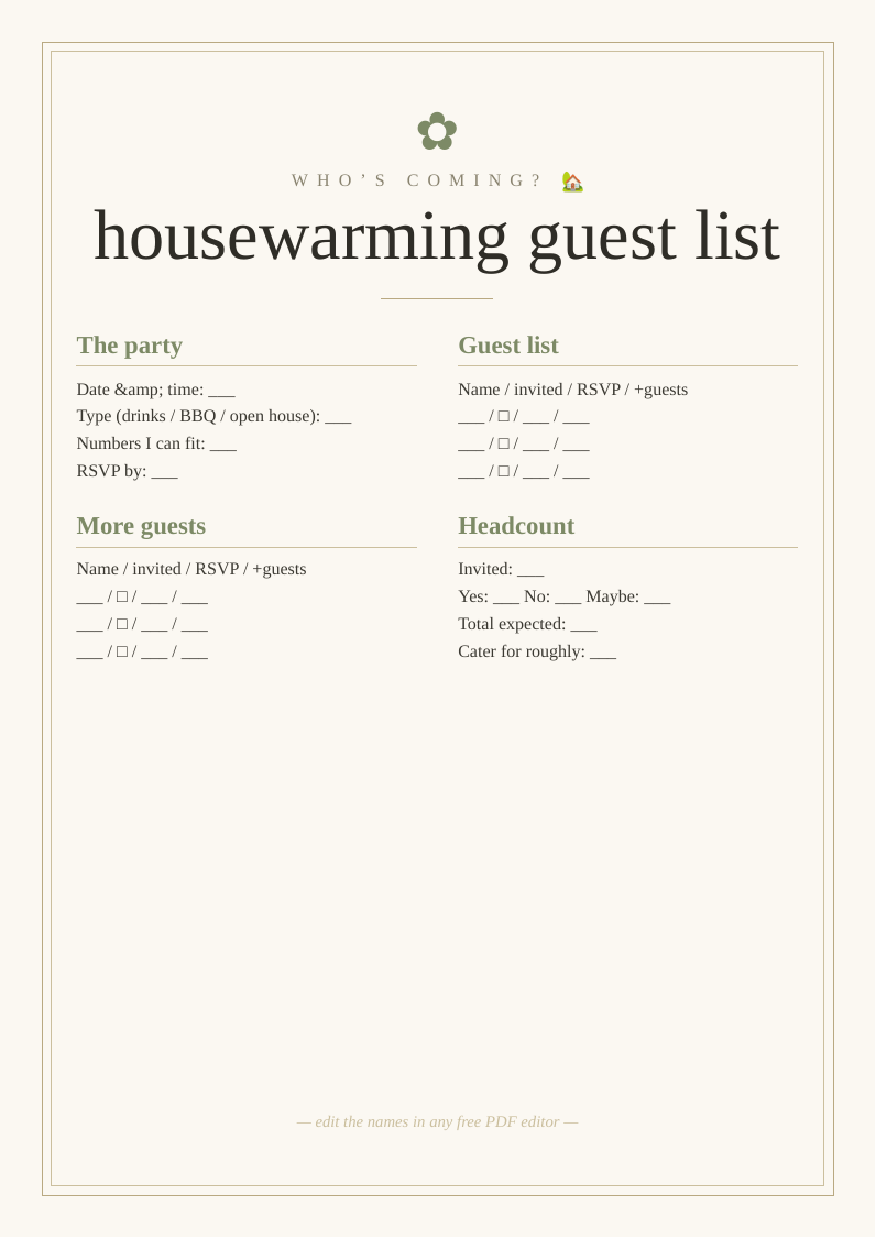 Housewarming guest list & RSVP