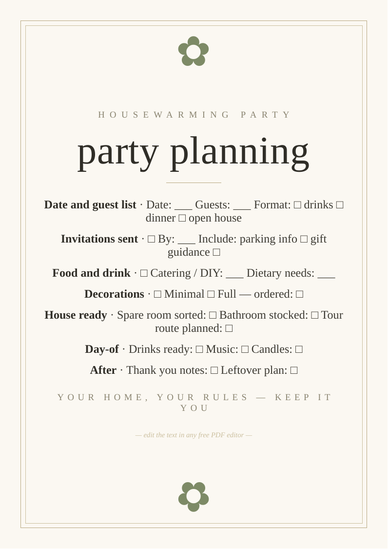 Housewarming party planning checklist