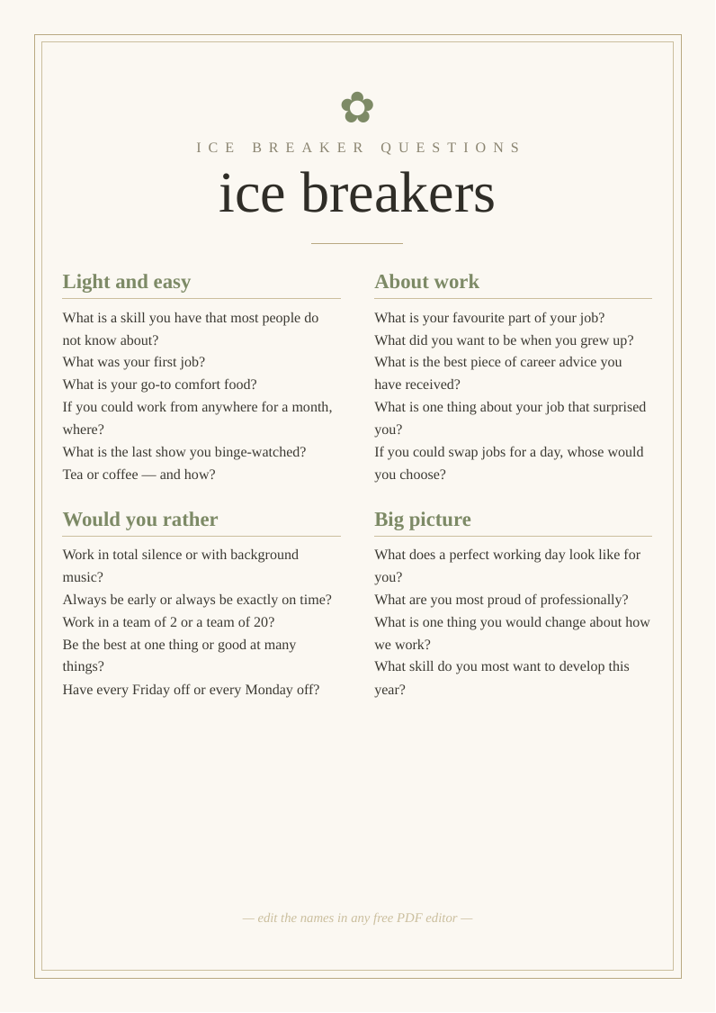 Ice breaker questions card
