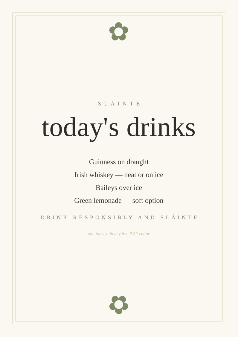 Irish drinks menu