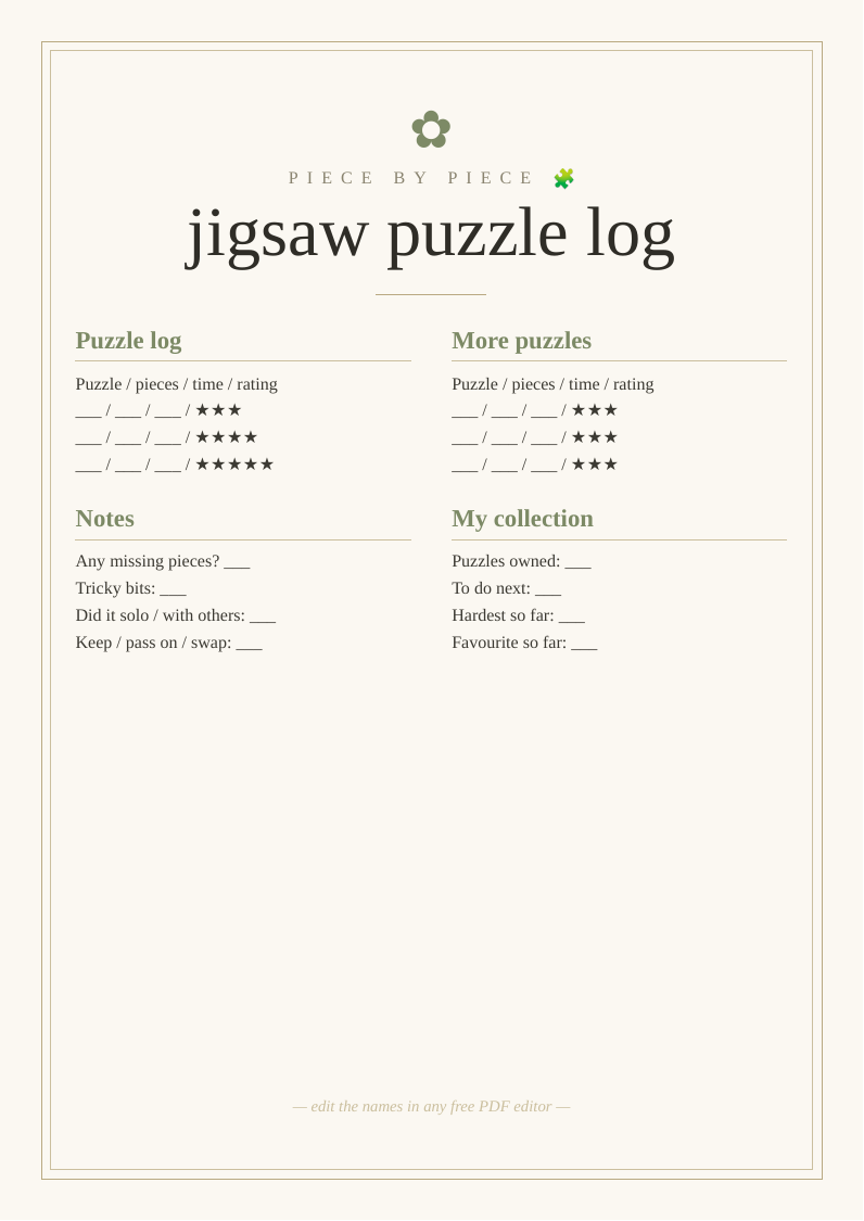 Jigsaw puzzle log