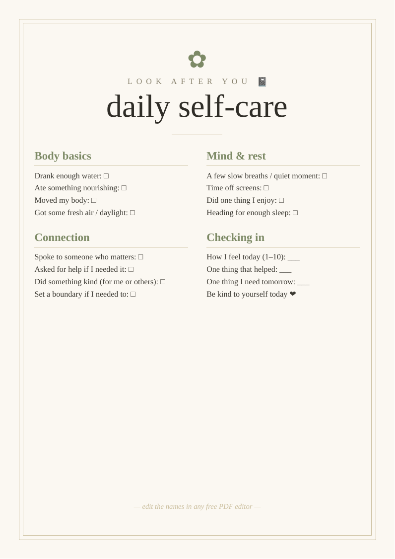 Daily self-care checklist