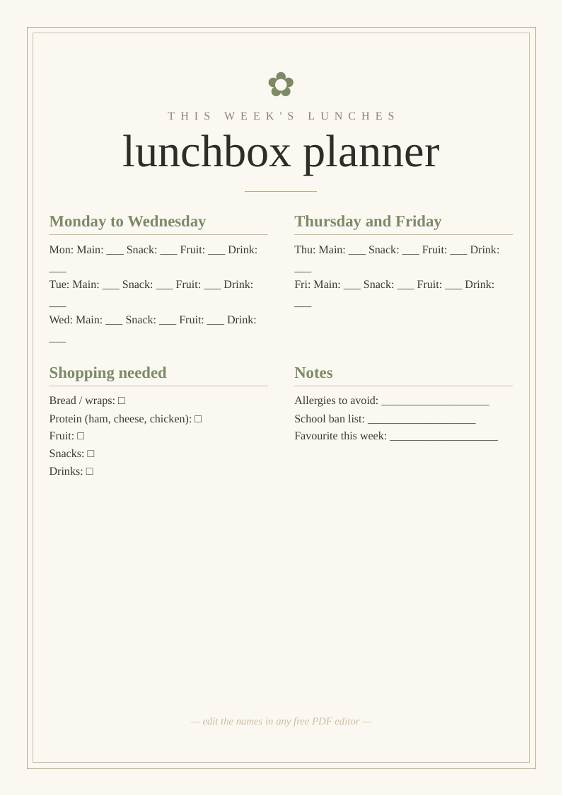 Kids lunchbox planner