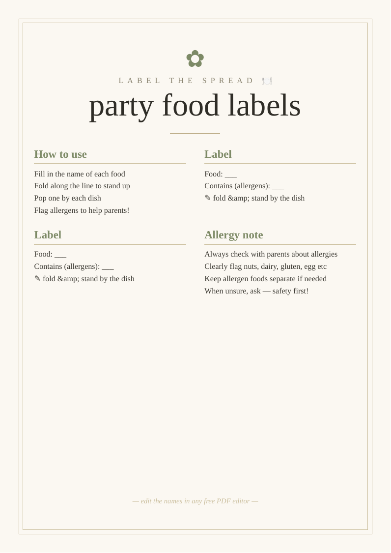 Kids' party food labels