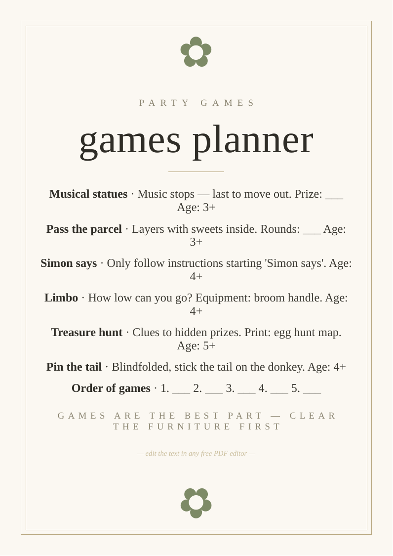 Children's party games sheet printable ideas instructions