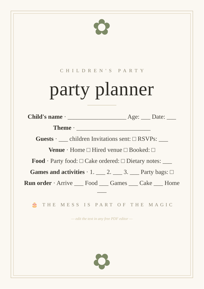 Children's birthday party planner