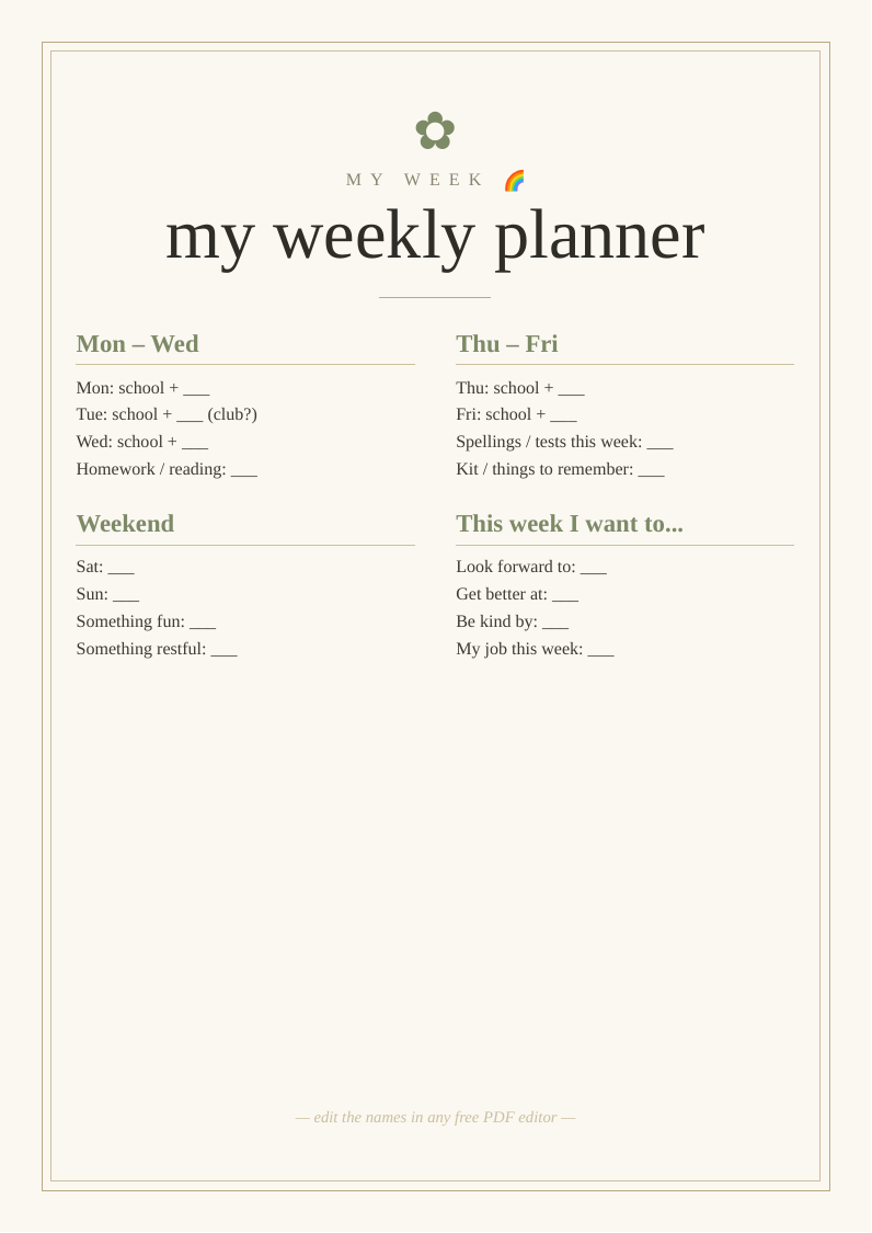 Kids' weekly planner