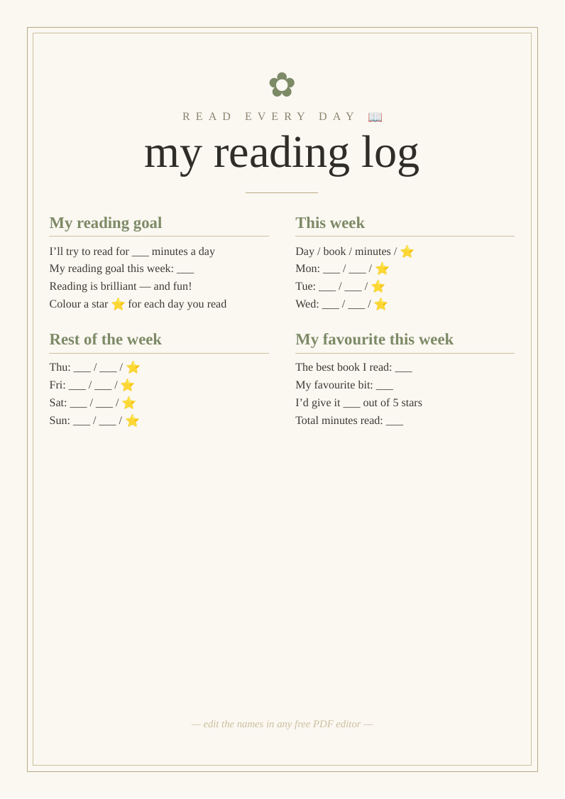 Kids' weekly reading log