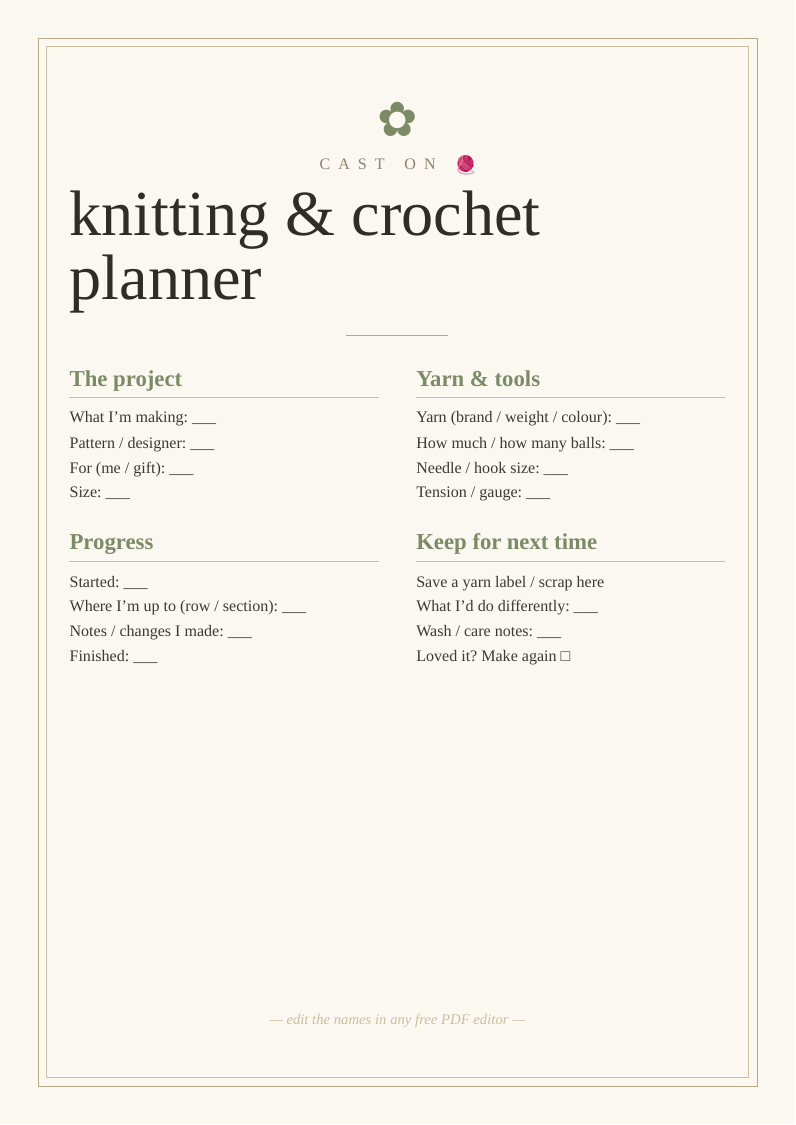 Knitting & crochet project planner