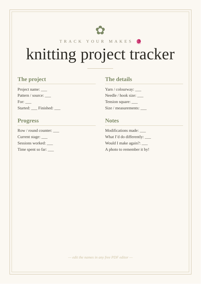 Knitting project tracker