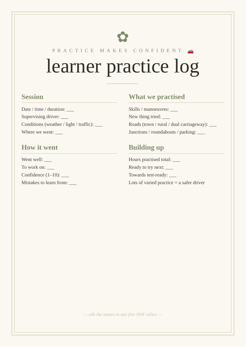 Learner driver practice logbook