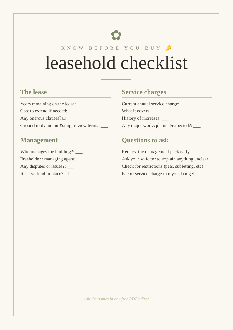 Leasehold checklist printable leasehold property questions key questions buying lease length ground rent service charges management understand taking on commit flat apartment buying UK