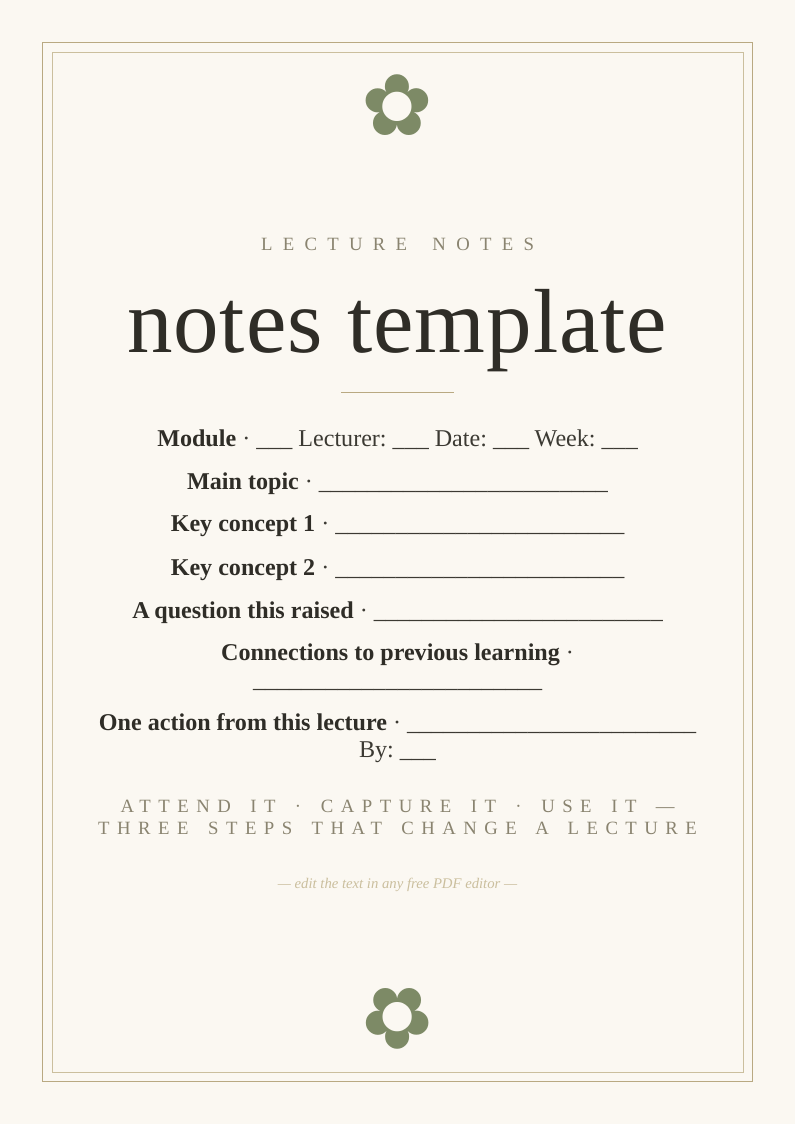Lecture notes template printable university students module date key concepts action active learning attend