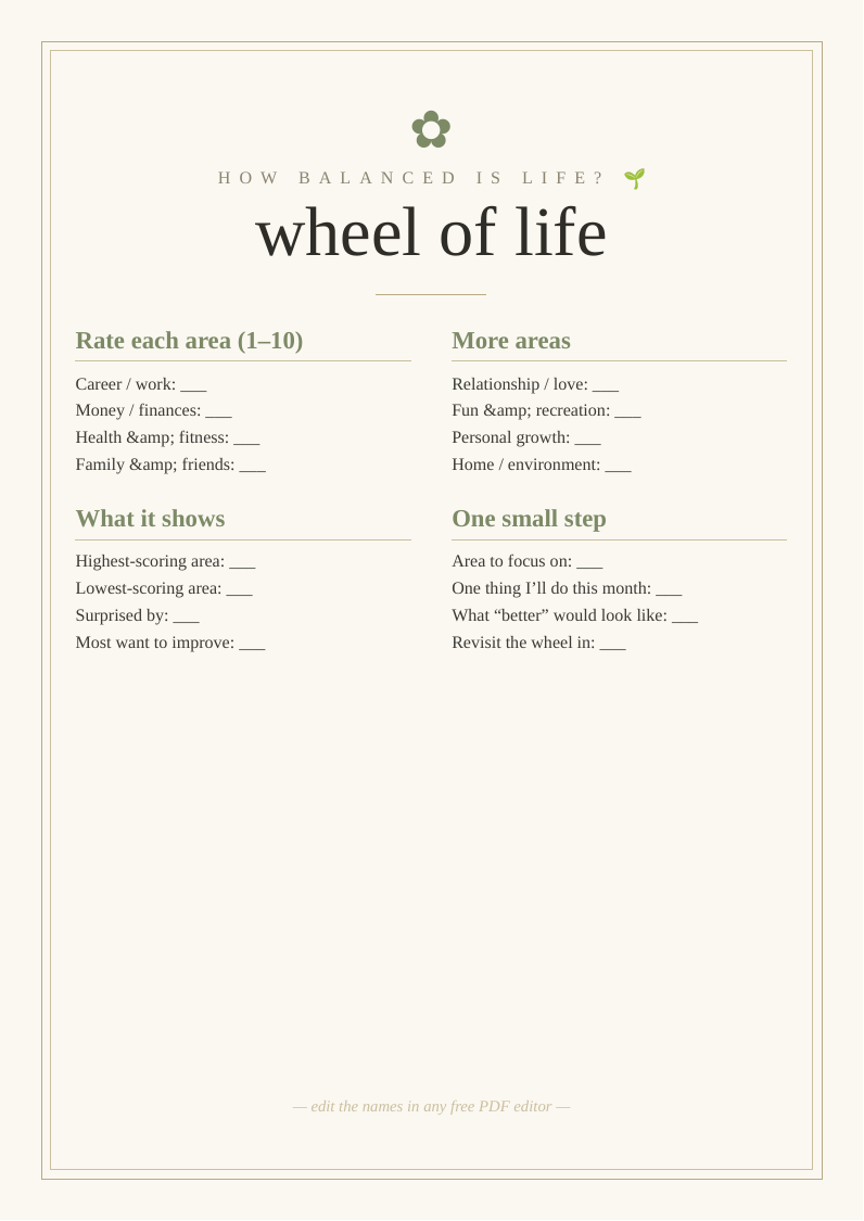 Wheel of life assessment