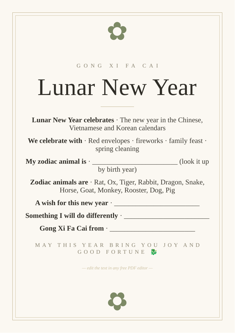Lunar New Year activities sheet