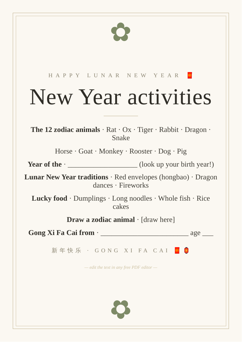 Lunar New Year activity sheet