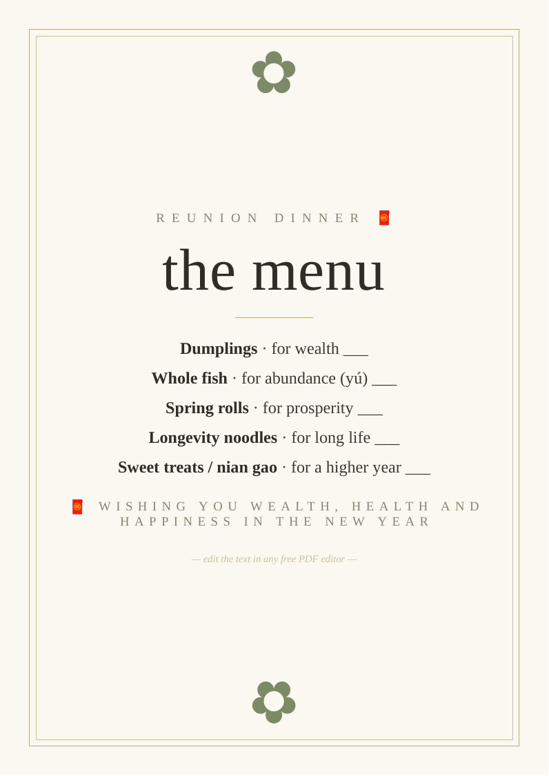 Reunion dinner menu