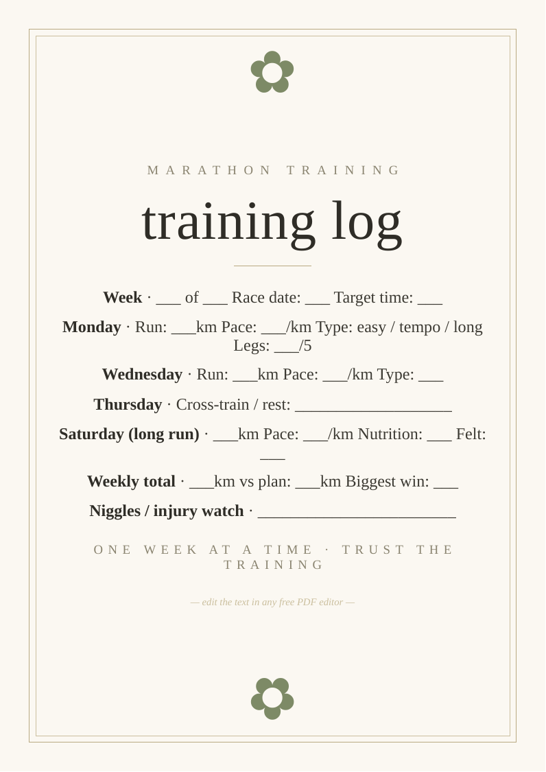 Marathon training weekly log