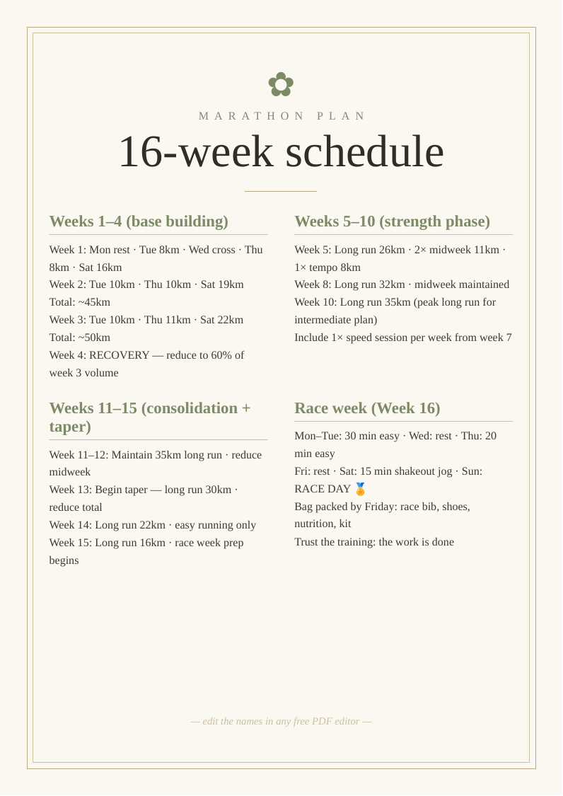 16-week marathon training schedule