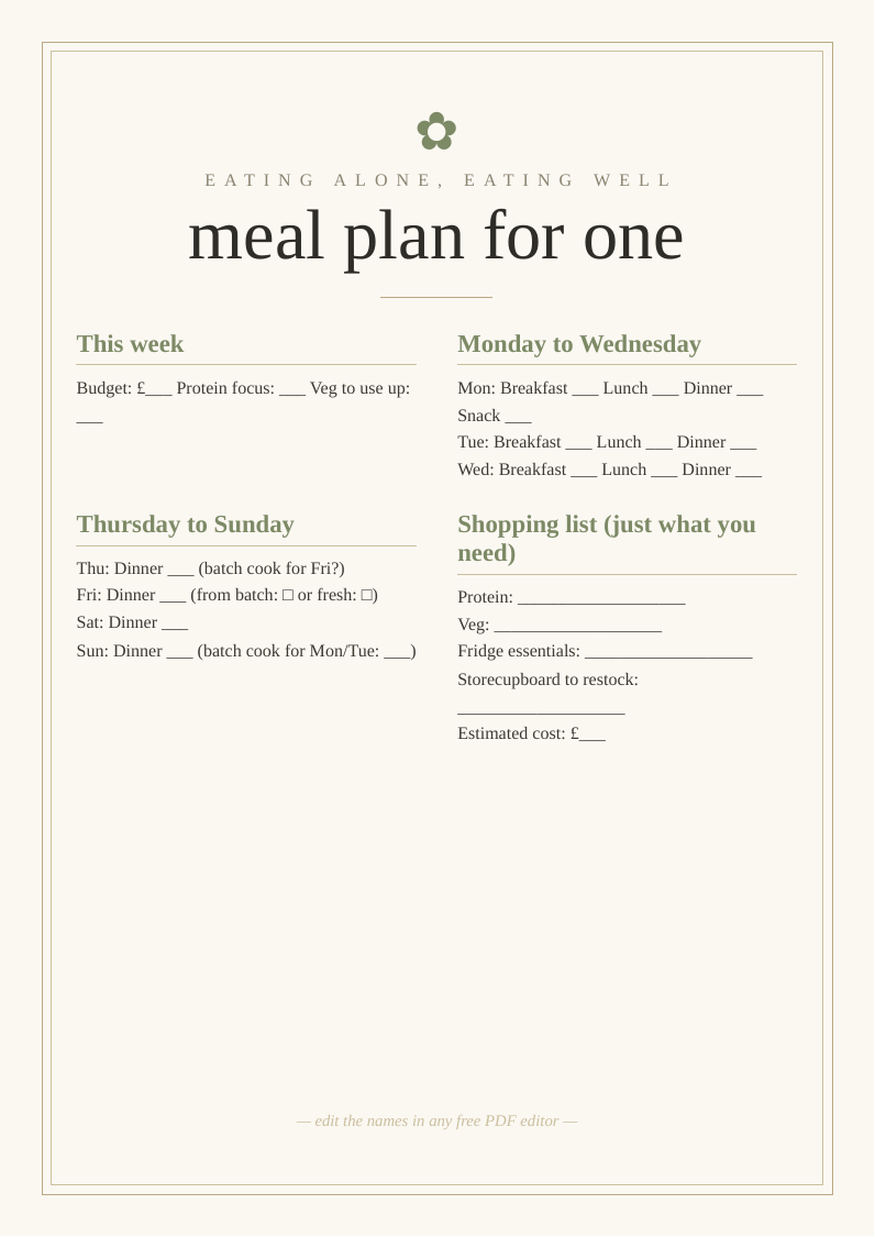 Meal plan for one