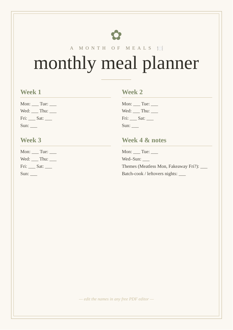 Monthly meal planner