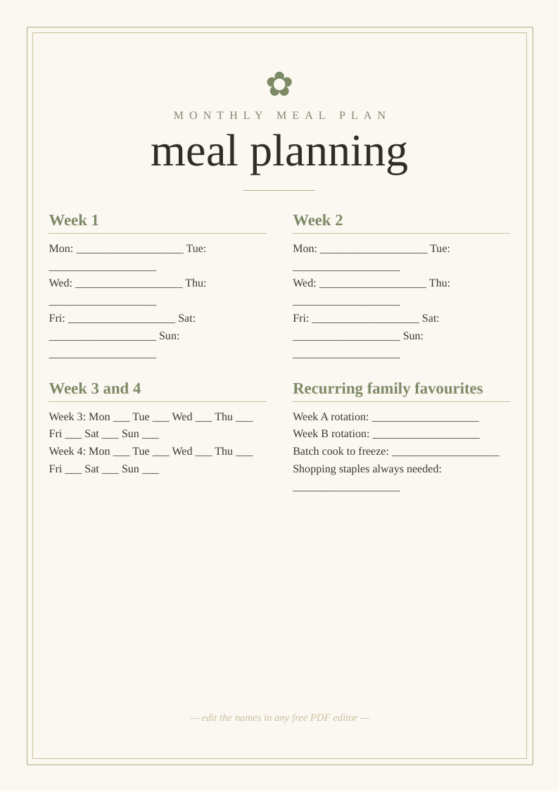 Monthly meal planning template