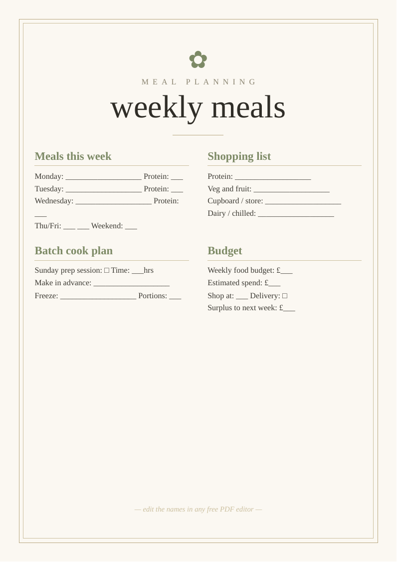 Weekly meal planning worksheet