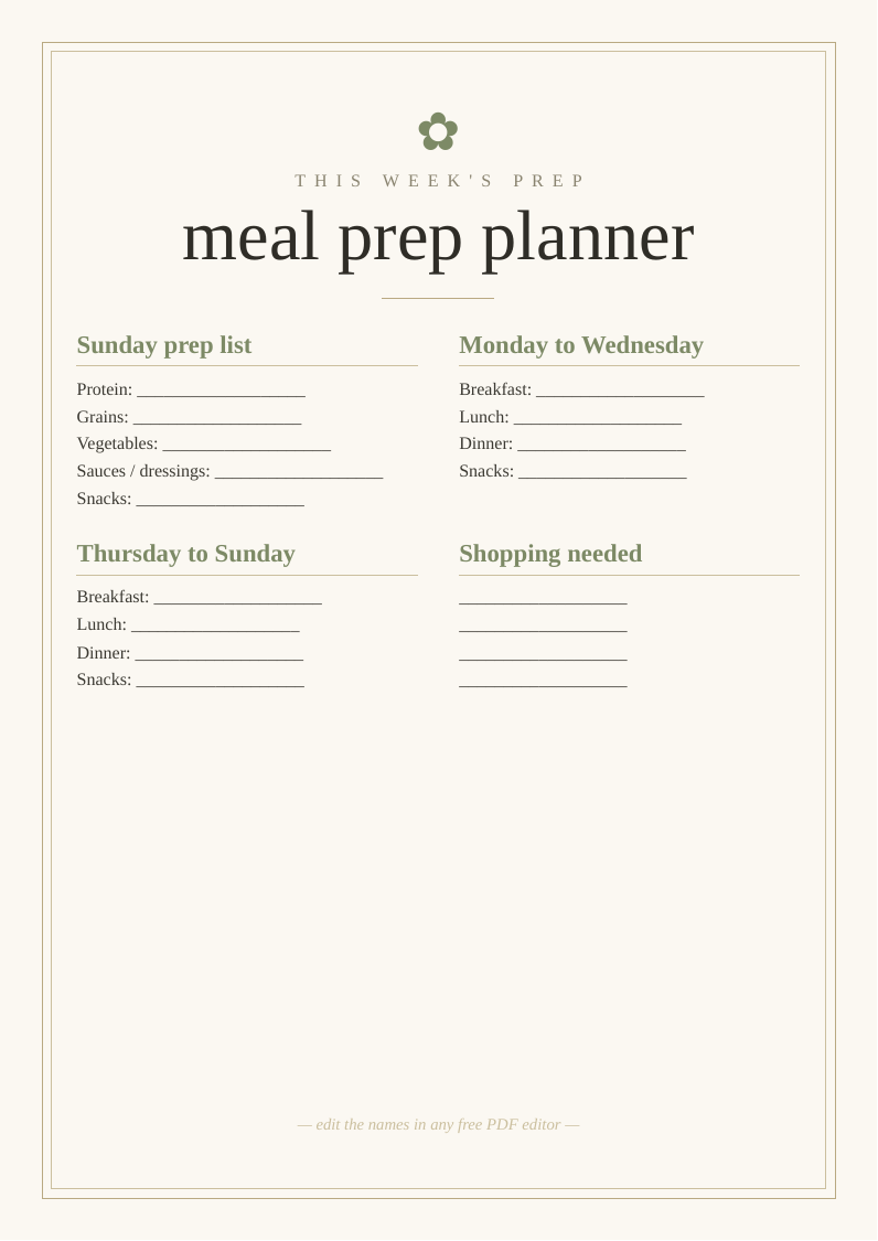 Meal prep planner