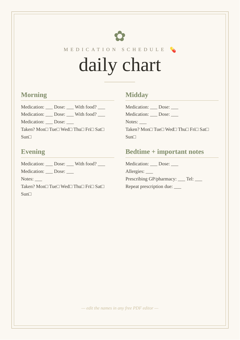 Daily medication schedule chart