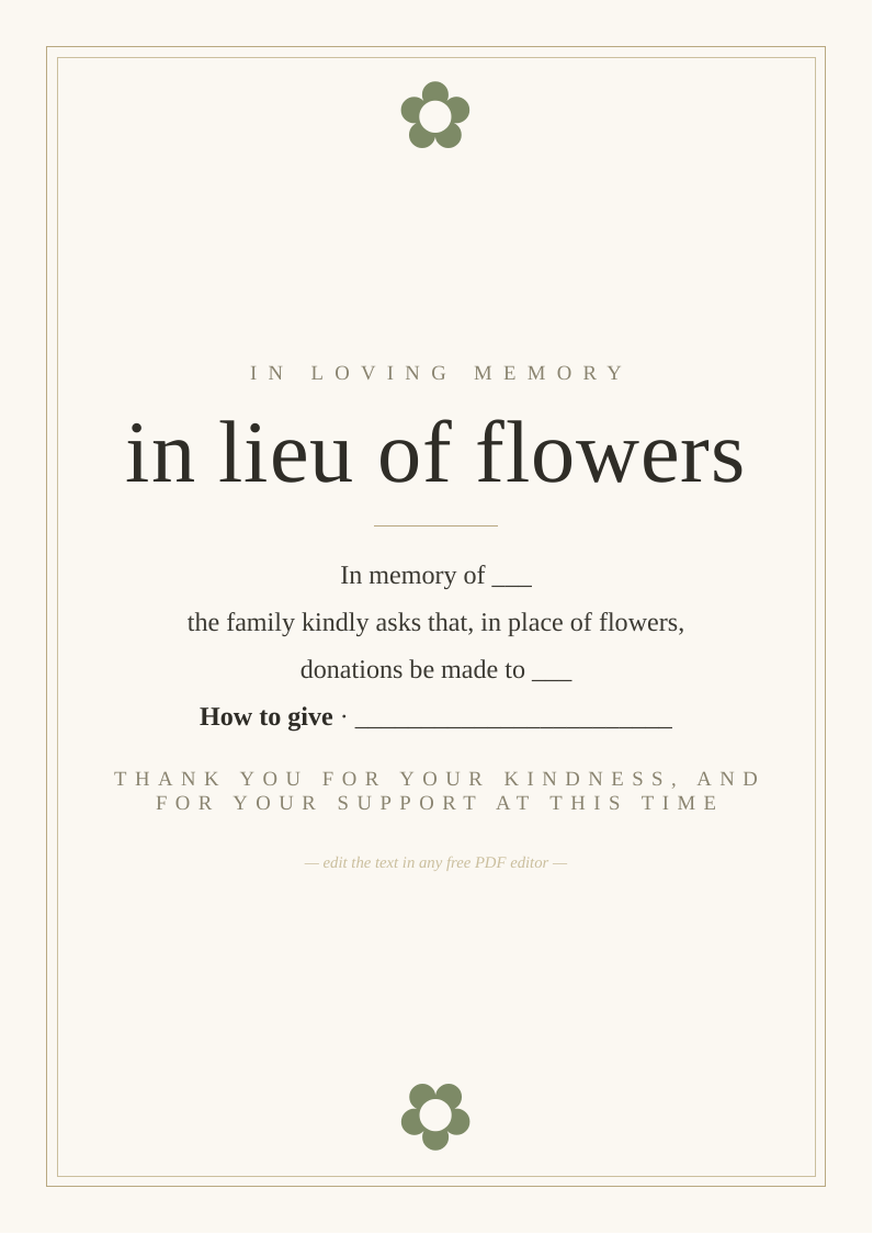 Donations in lieu of flowers card