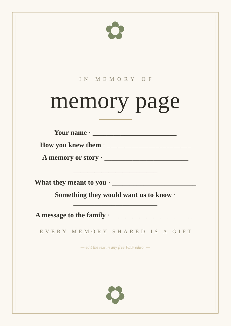 Memorial memory book page