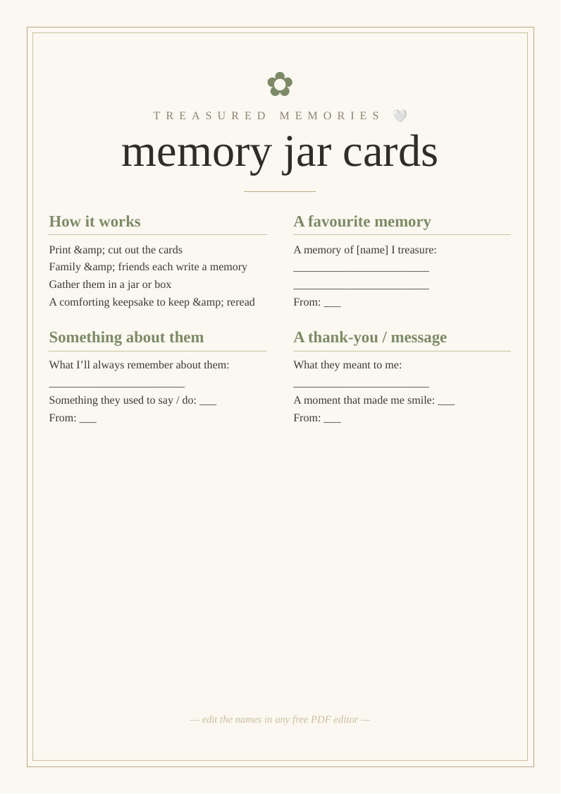 Memory jar cards (remembrance)