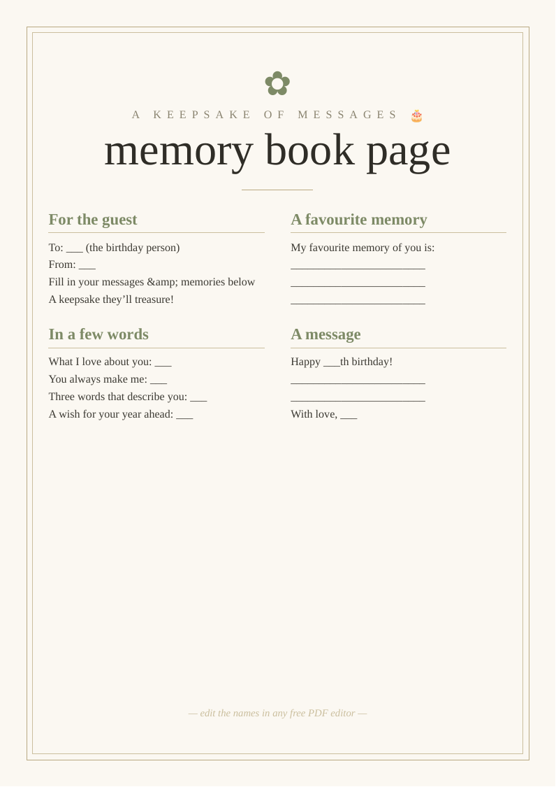 Milestone birthday memory book