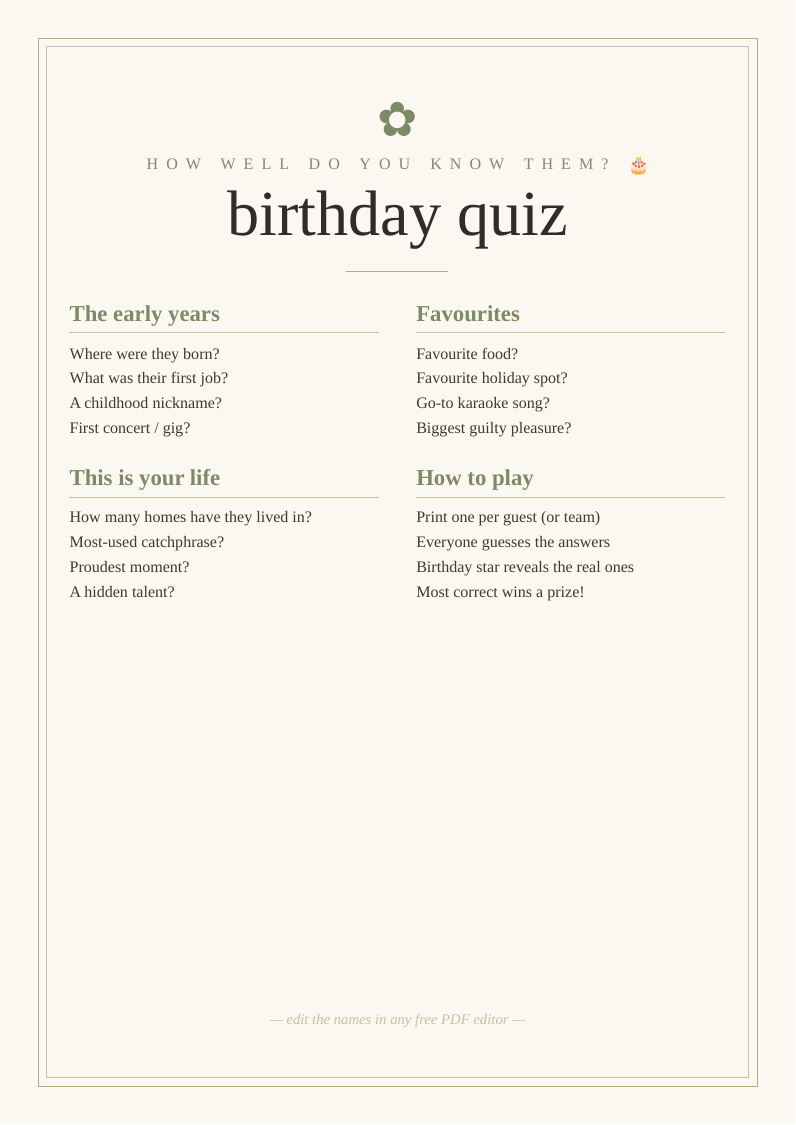 Milestone birthday quiz