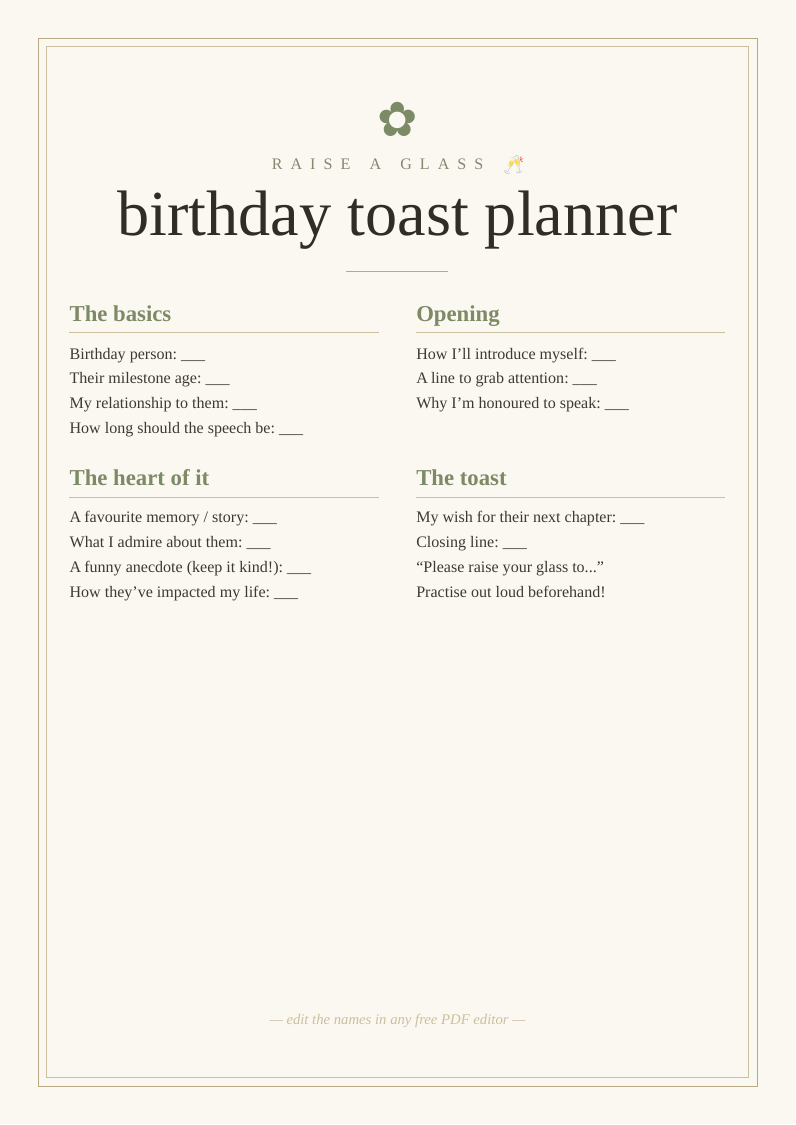 Milestone birthday toast planner