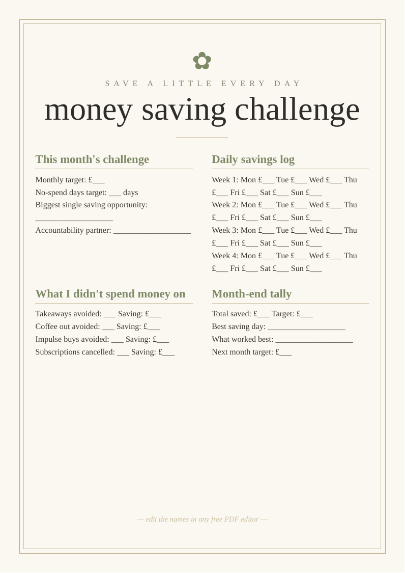 Monthly money saving challenge