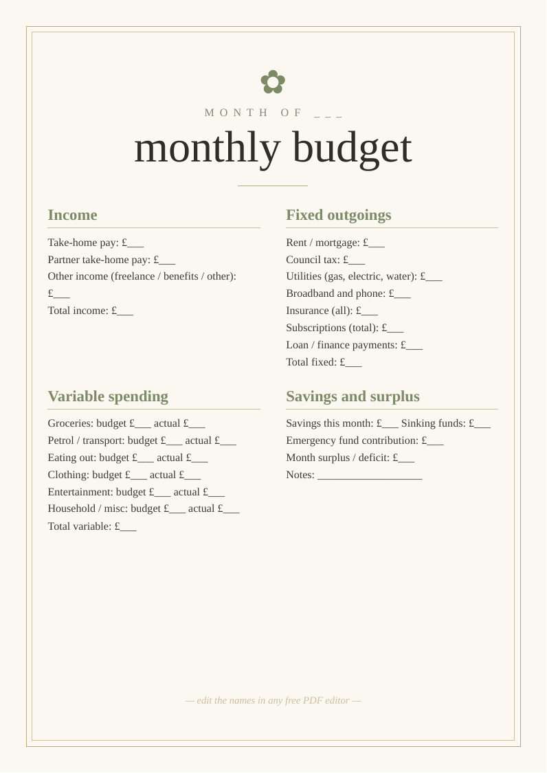 Monthly budget template