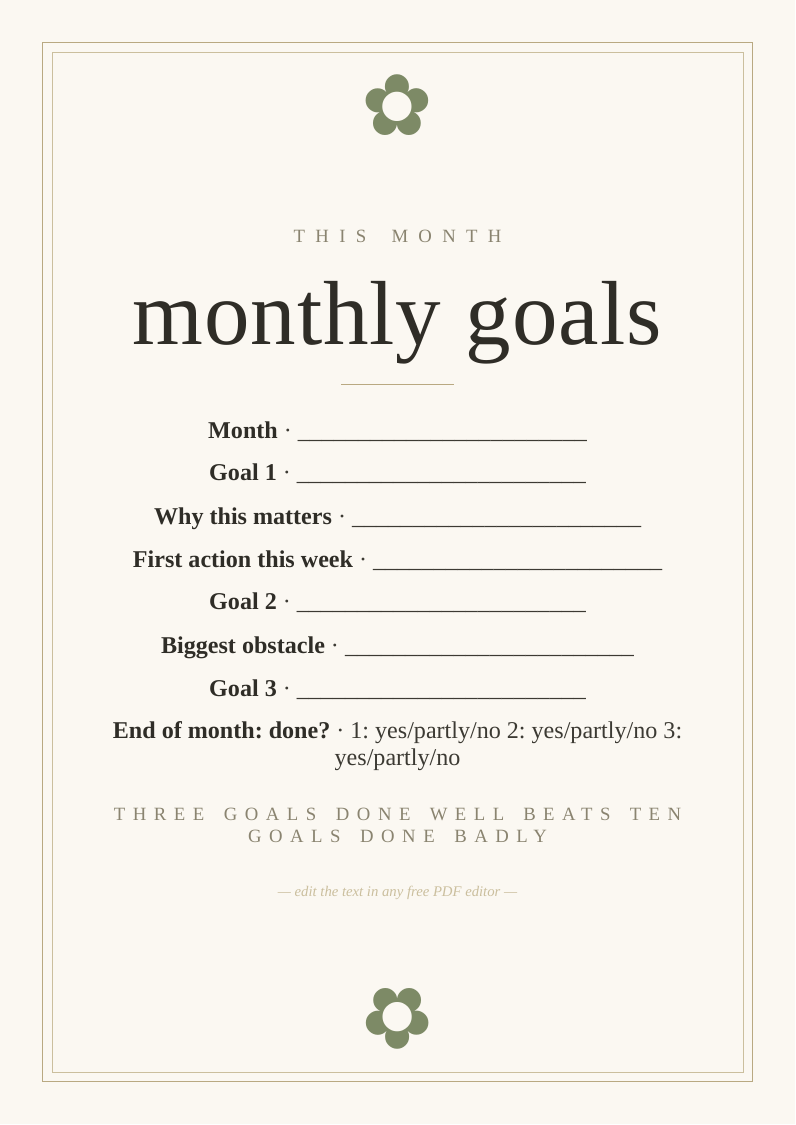 Monthly goal-setting journal page