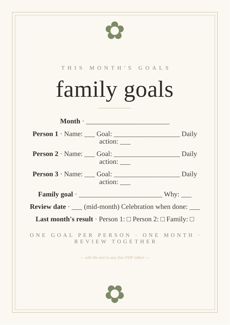 Family monthly goals and intentions