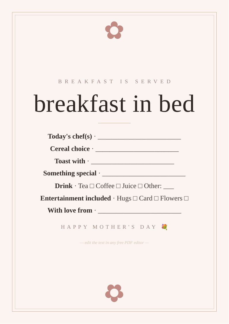 Breakfast in bed menu